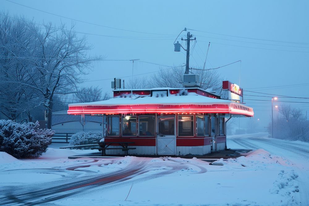 Lonely 50s American diner in landscape winter transportation restaurant outdoors.