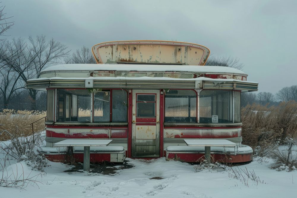 Lonely 50s American diner in landscape winter transportation restaurant indoors.