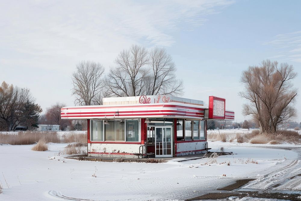 Lonely 50s American diner in landscape winter transportation restaurant automobile.
