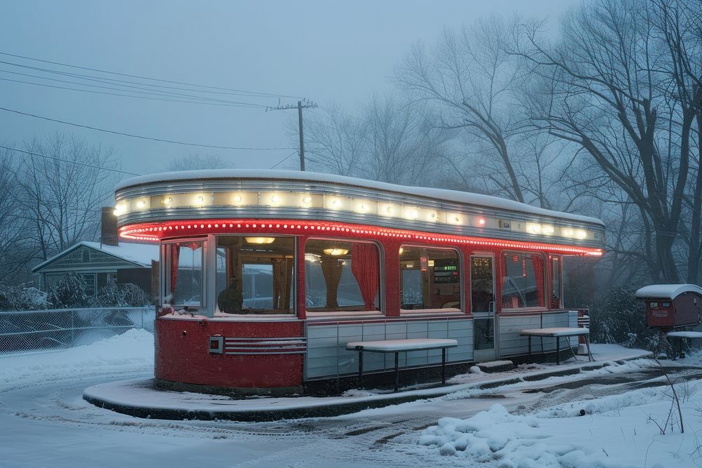 Lonely 50s American diner in landscape winter transportation restaurant furniture.