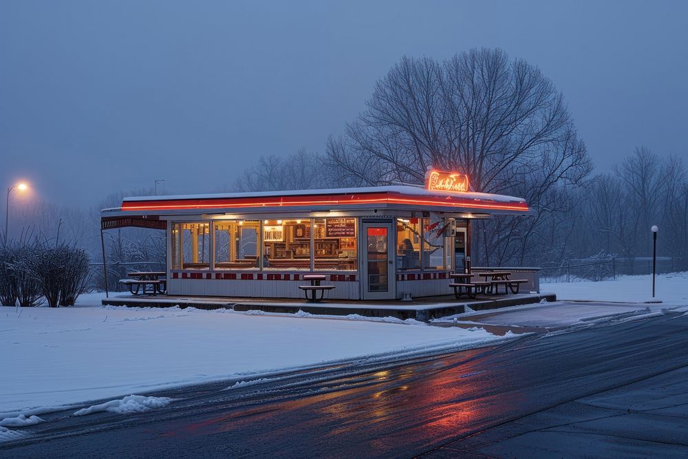 Lonely 50s American diner in landscape winter restaurant furniture outdoors.