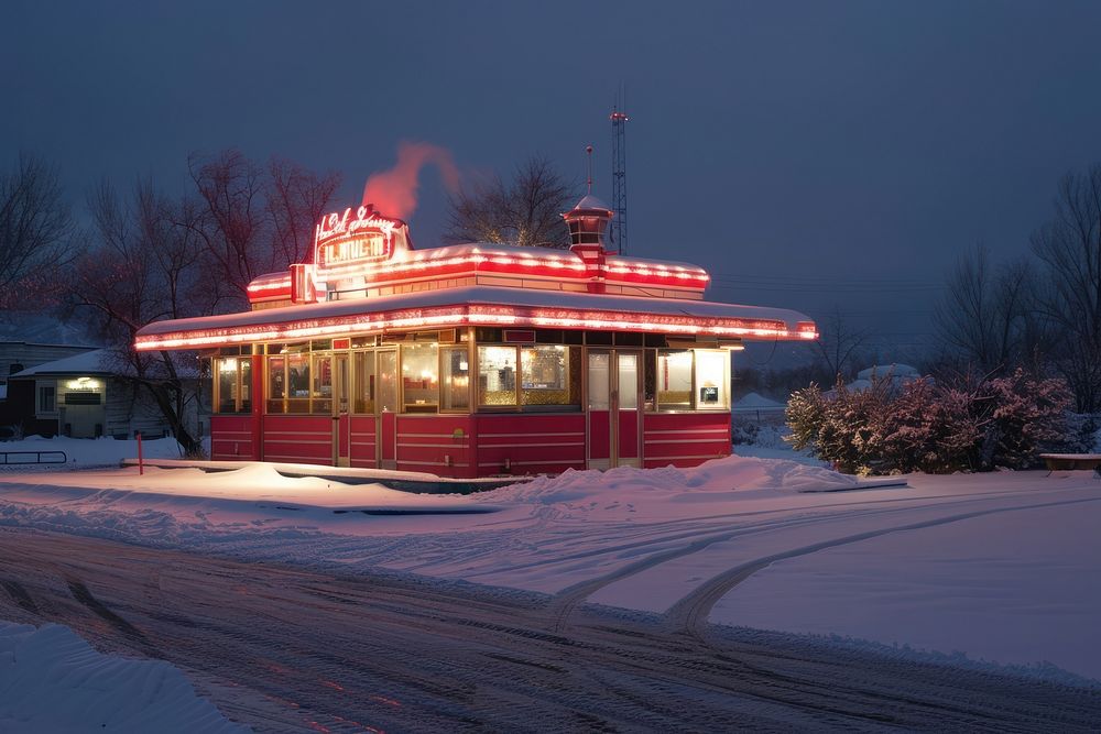 Lonely 50s American diner in landscape winter restaurant furniture indoors.