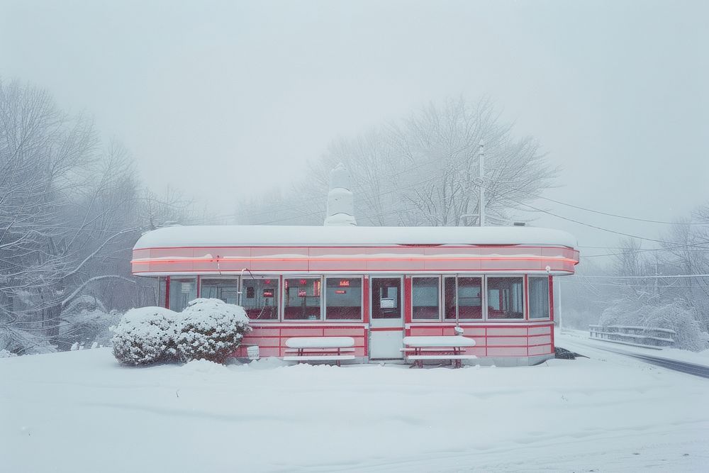 Lonely 50s American diner in landscape winter transportation restaurant furniture.