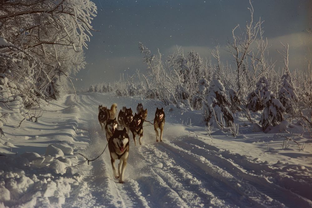 Landscape winter sled dog outdoors.