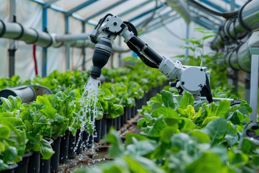 Smart robotic farmers in agriculture plant gardening vegetable.