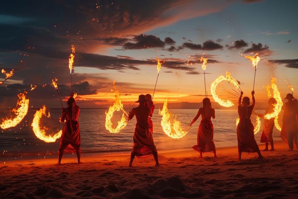 Thai people fire show recreation dancing bonfire.
