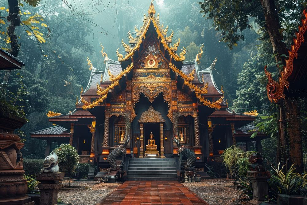 Thai temple architecture building wildlife.