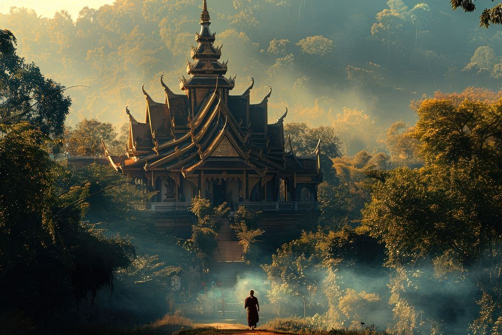 Thai temple architecture vegetation landscape.