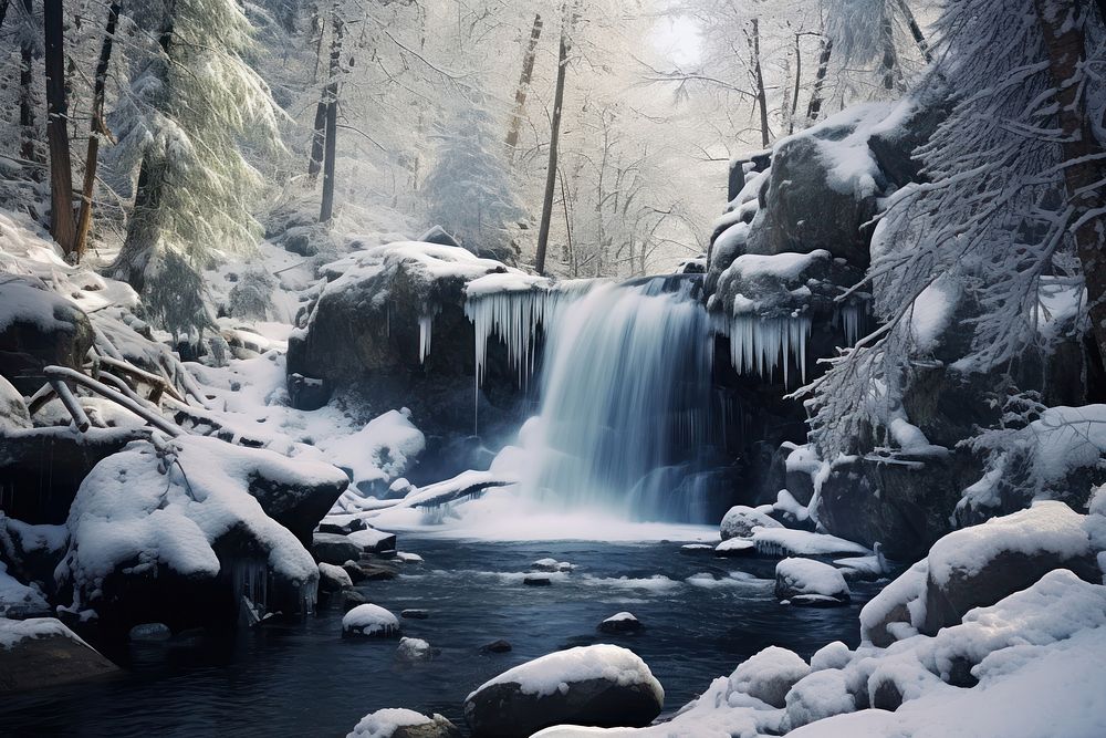 Winter waterfall landscape outdoors scenery.