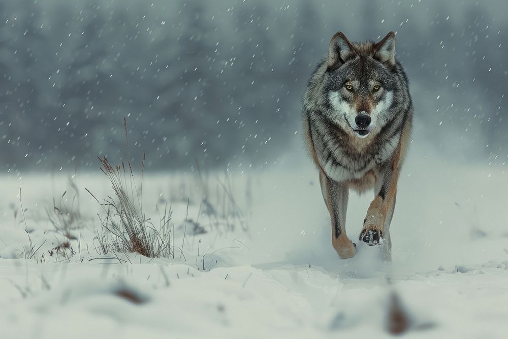 Wolf running in landscape winter outdoors animal canine.