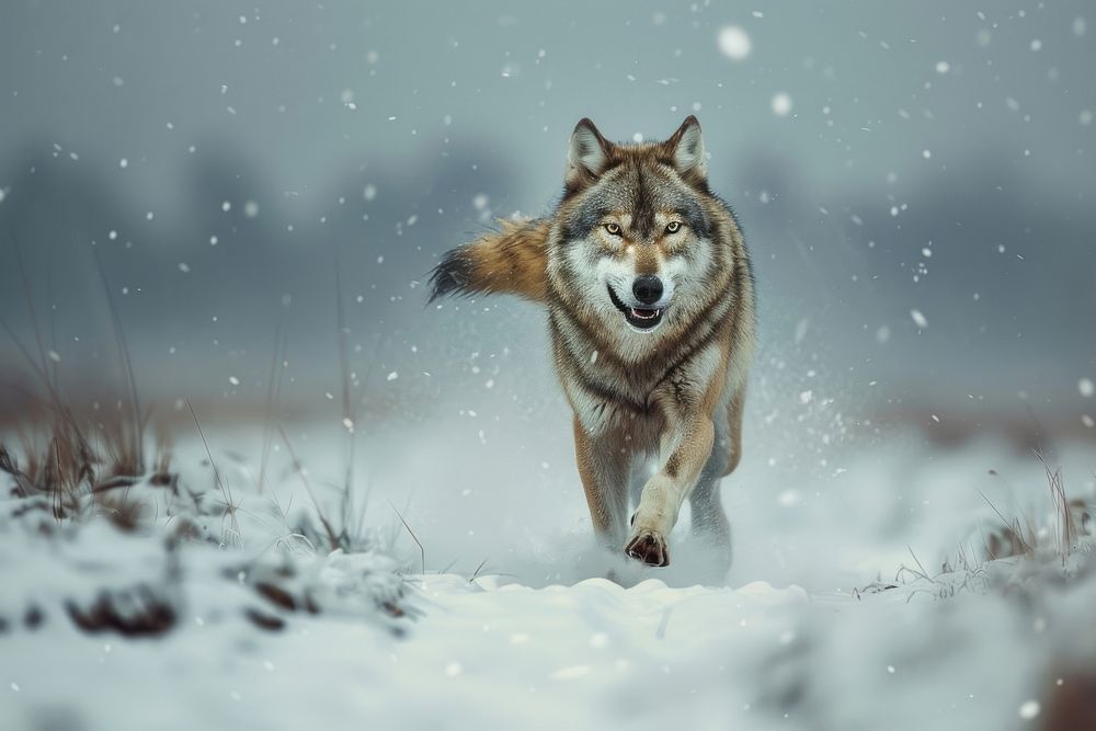 Wolf running in landscape winter outdoors animal mammal.