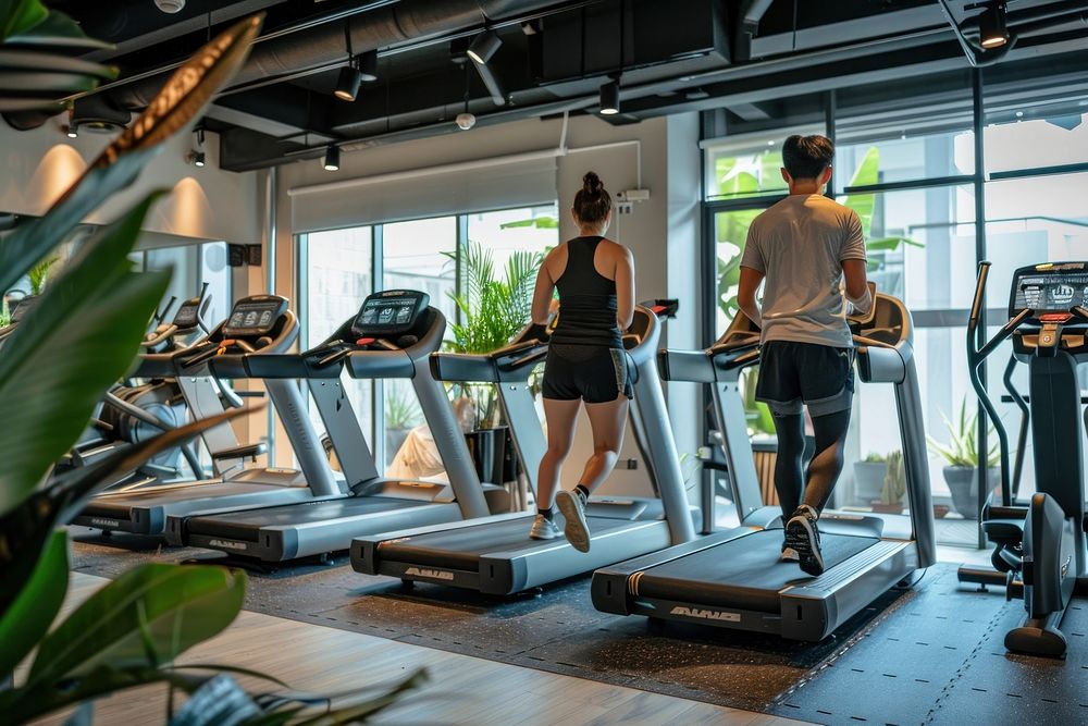 3-4 people exercise in a gym treadmill clothing fitness.