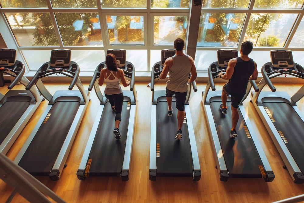 3-4 people exercise in a gym electronics treadmill clothing.
