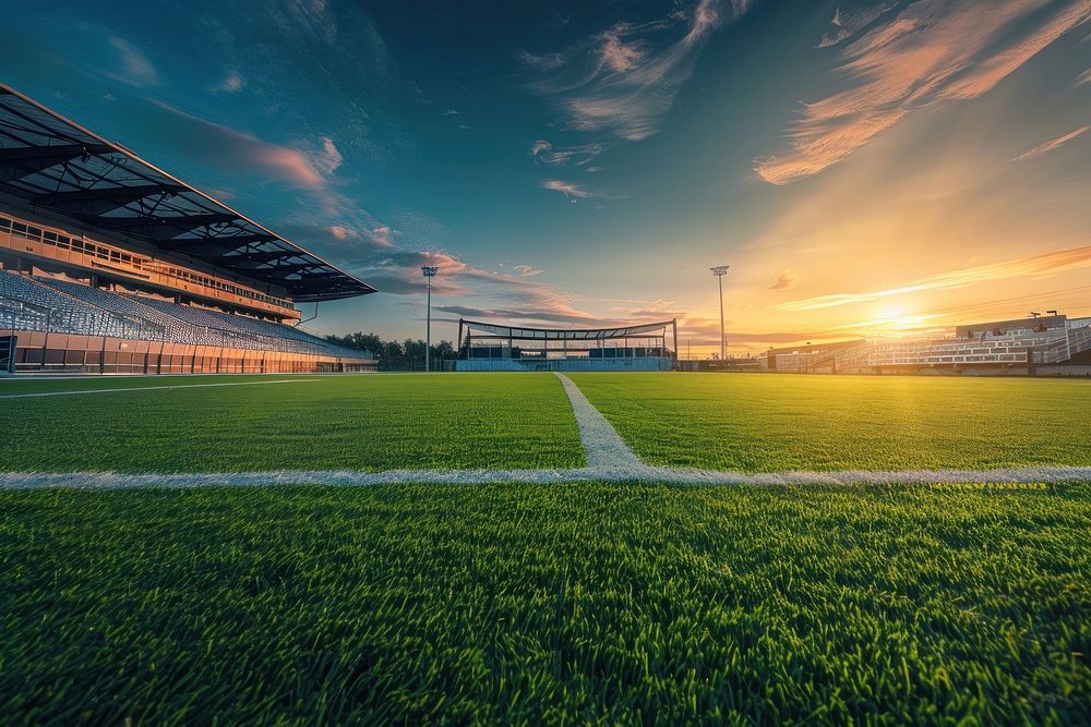 Photo of an empty football stadium field sky outdoors.