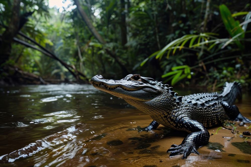 Black caiman wild animals in Amazon rainforest vegetation crocodile alligator.