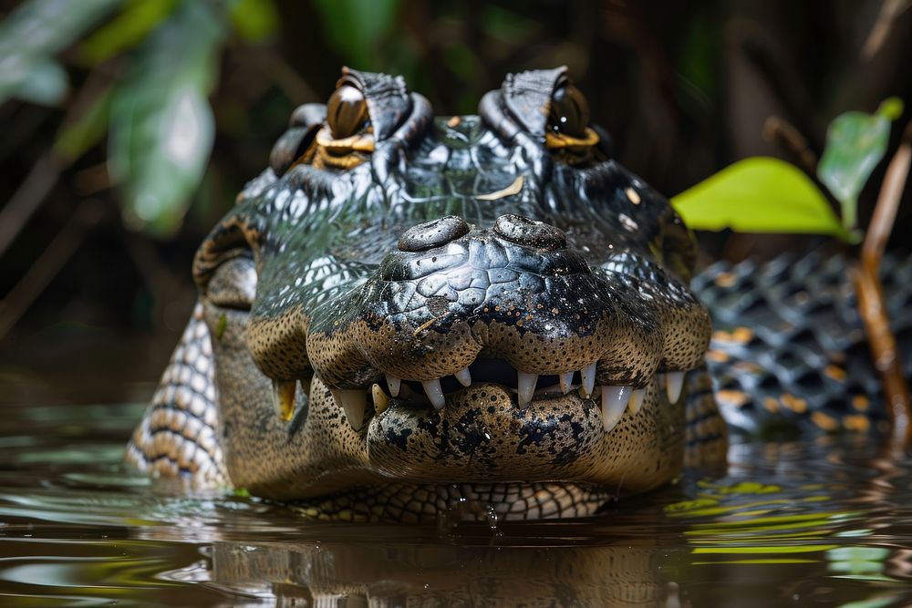 Black caiman wild animals in Amazon rainforest crocodile alligator reptile.