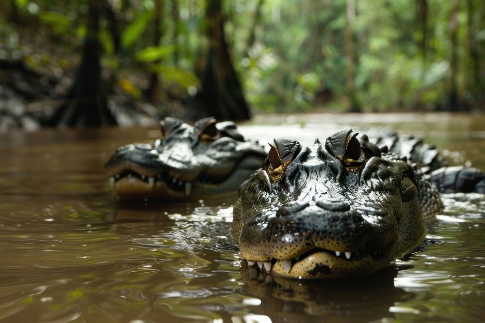 Black caiman wild animals in Amazon rainforest crocodile alligator outdoors.