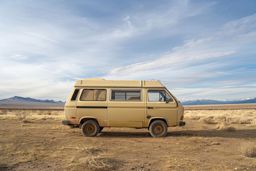 Camper van in desert transportation caravan vehicle.