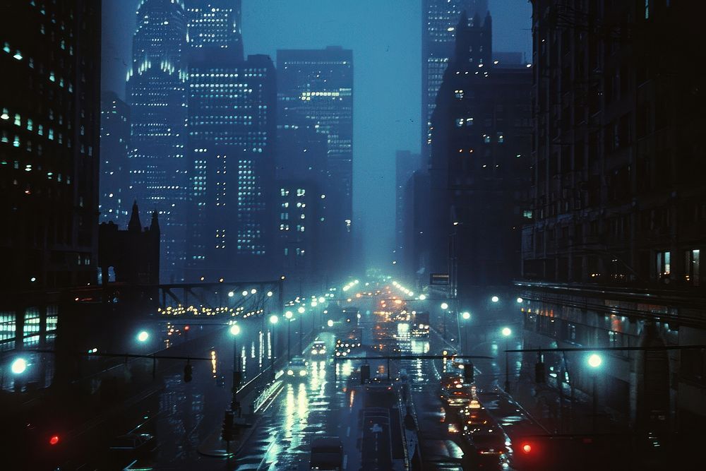 Chicago cityscape night transportation architecture.