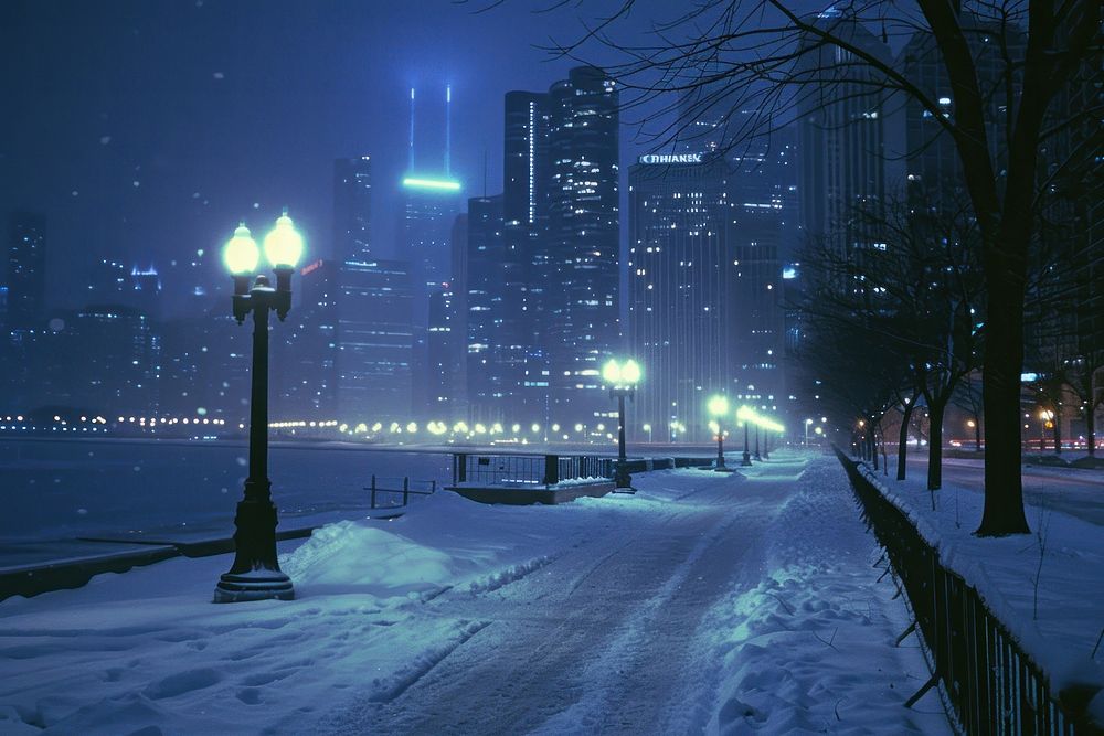 Chicago cityscape in winter night architecture metropolis.