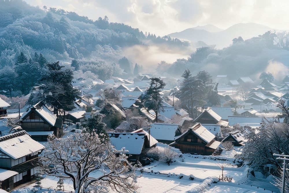 Countryside village in the valley landscape winter in Japan outdoors nature suburb.