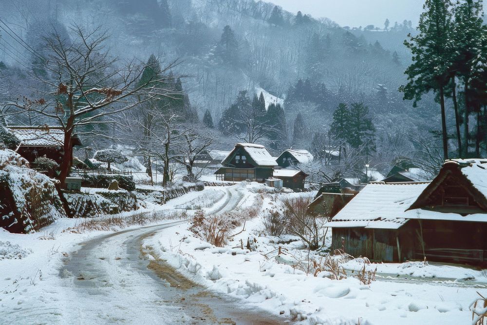 Countryside village in the valley landscape winter in Japan architecture outdoors building.