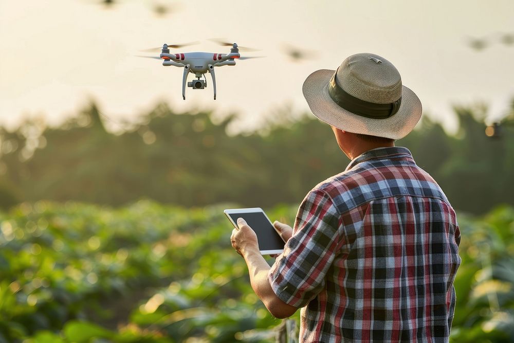 Farmer using tablet with drone photo transportation photography.