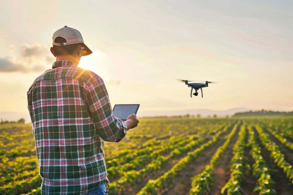 Farmer using tablet with drone transportation countryside electronics.