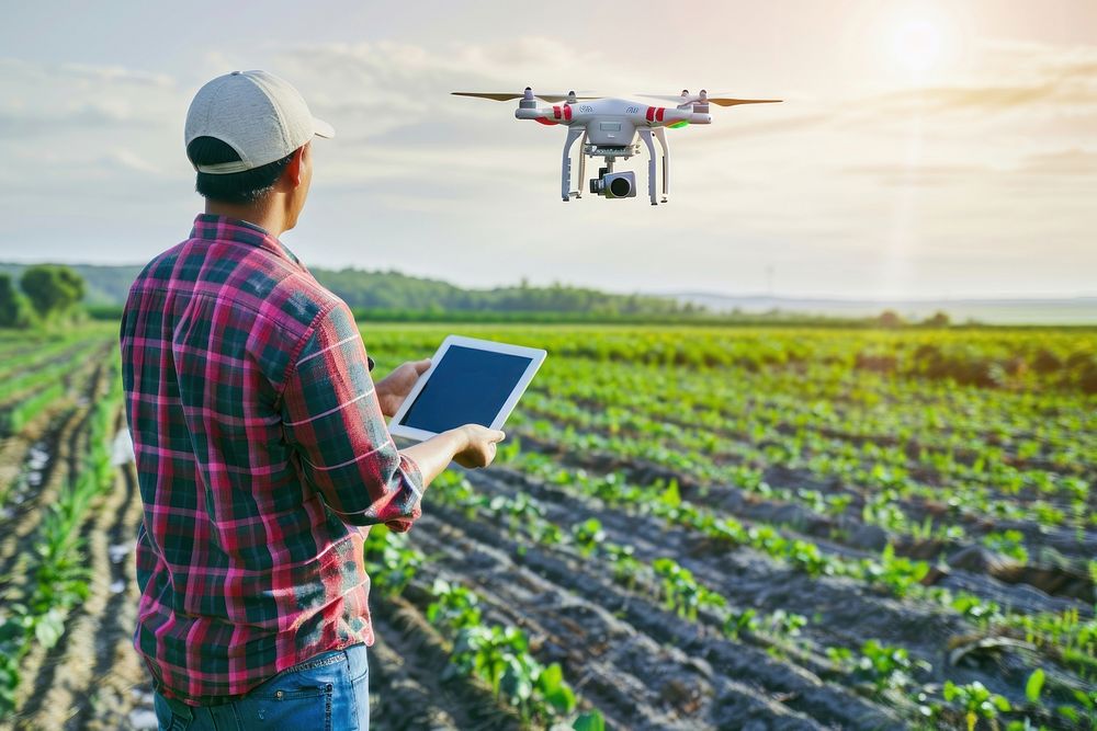 Farmer using tablet with drone photo transportation countryside.