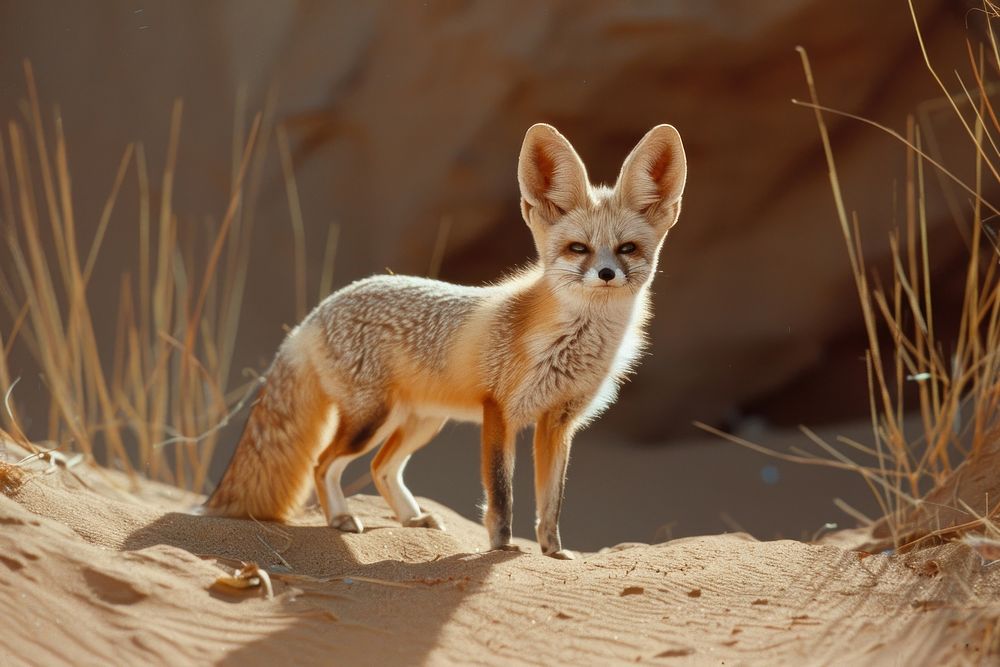 Fennec fox stand on oasis in desert wildlife kangaroo wallaby.