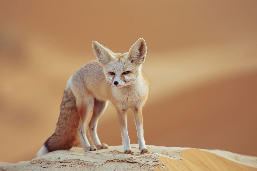 Fennec fox stand on oasis in desert wildlife kangaroo wallaby.