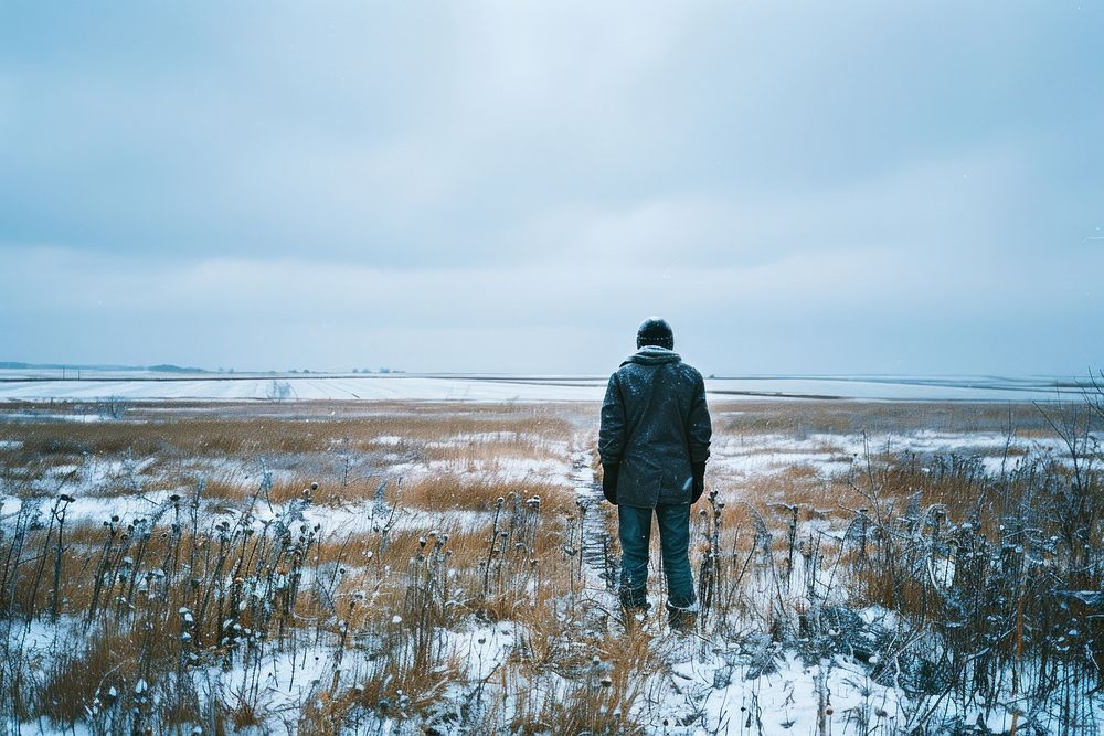 Lonely man stand in empty landscape winter photography sweatshirt clothing.