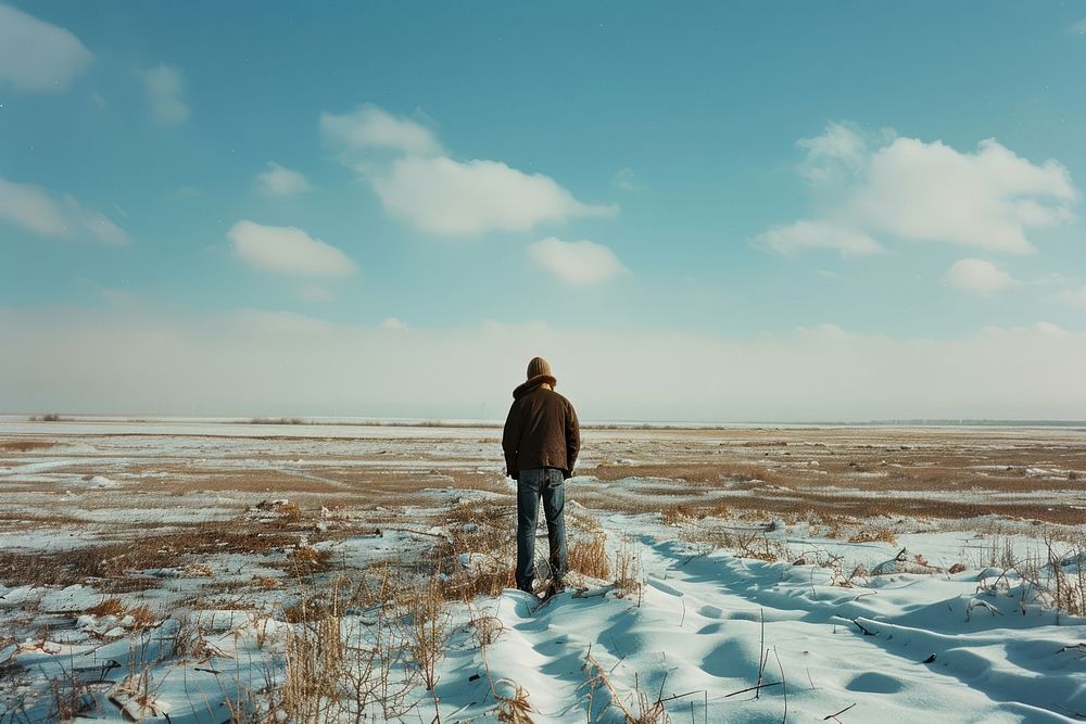 Lonely man stand in empty landscape winter sweatshirt outdoors clothing.