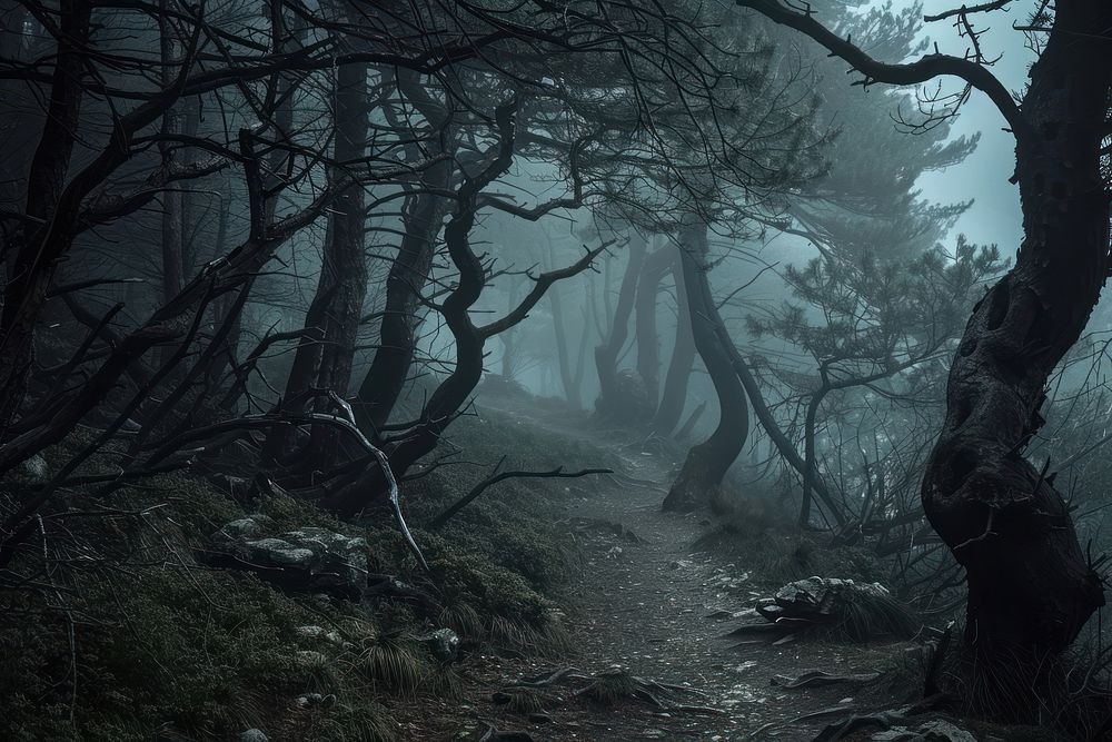 Scary forest path tree fog.