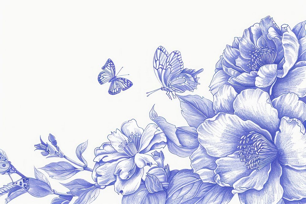 Vintage drawing camellia and butterfly border sketch illustrated graphics.