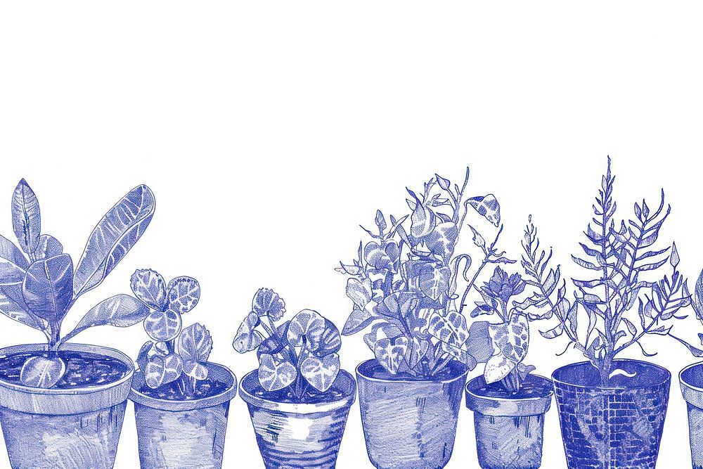 Vintage drawing plant pots border sketch illustrated blossom.
