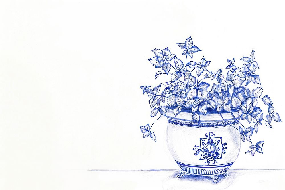 Vintage drawing plant pot sketch illustrated porcelain.