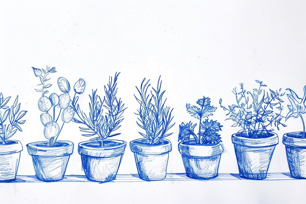 Vintage drawing plant pots border sketch illustrated painting.