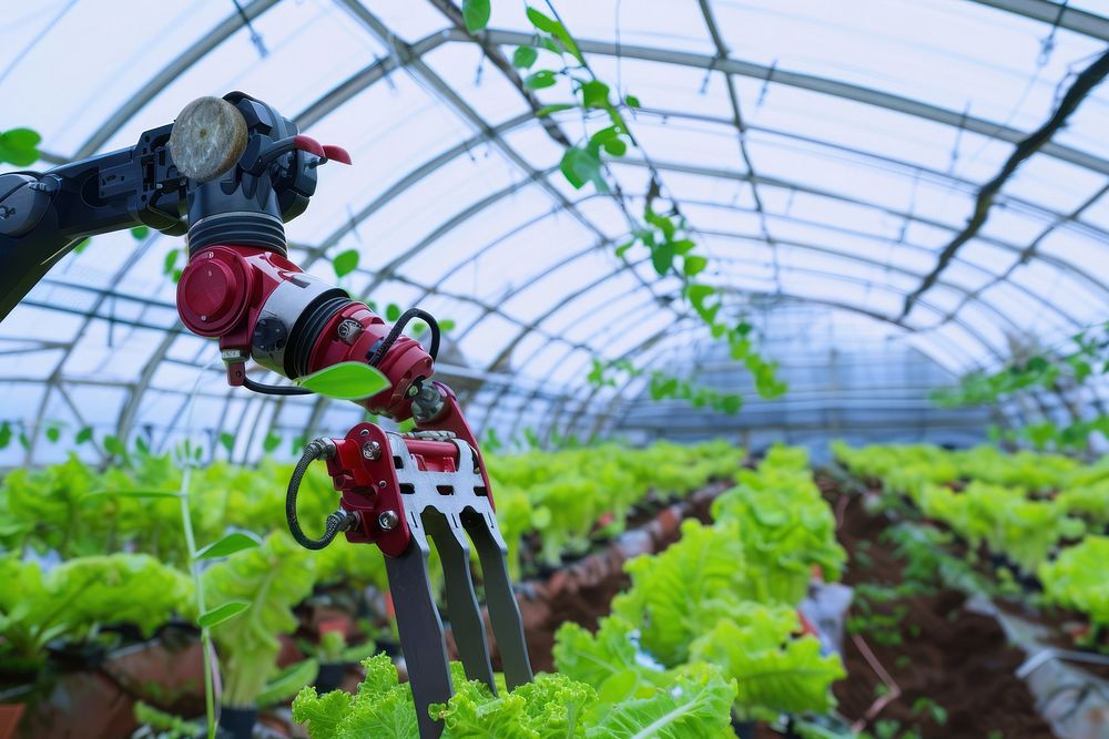 Robot greenhouse gardening outdoors.