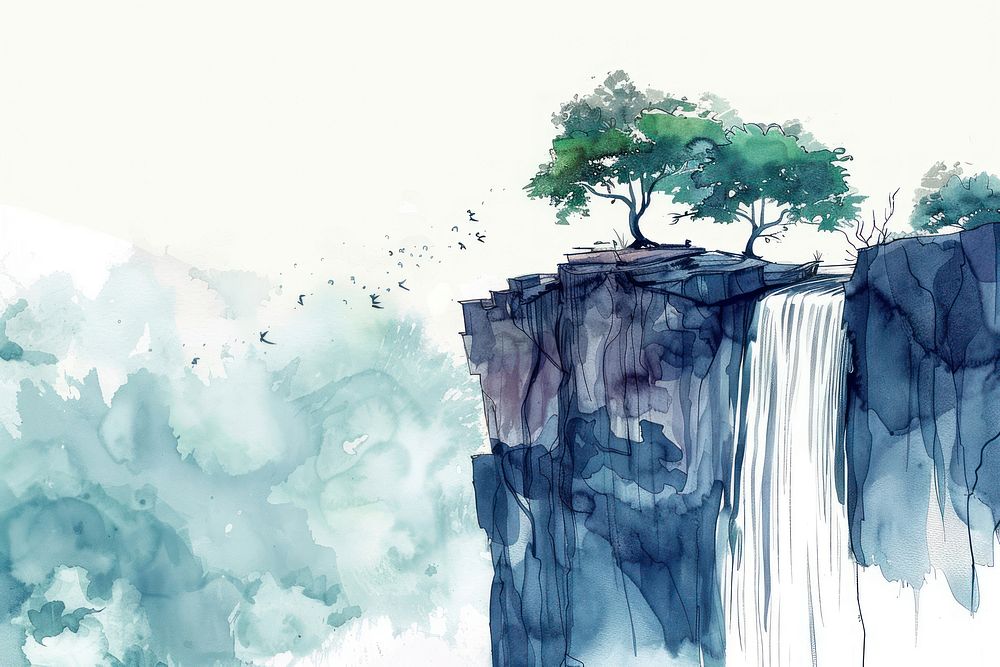 Scenic 5 level waterfall sketch art illustrated.