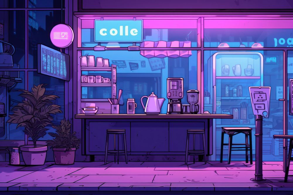 Coffee cafe purple neon bar.
