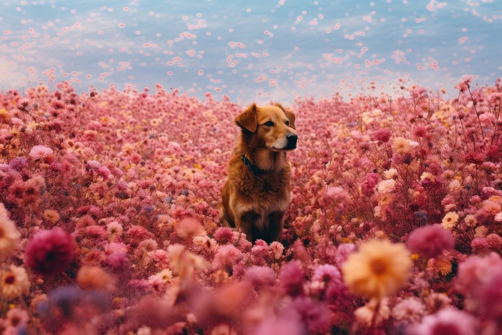 A happy dog flower landscape outdoors.