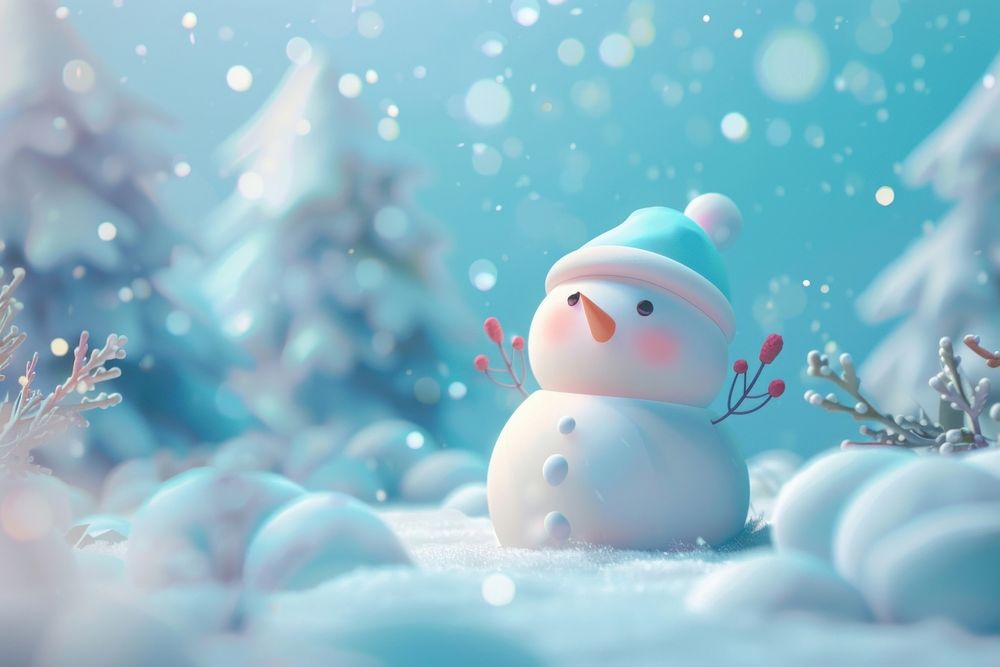 Cute winter background outdoors snowman cartoon.