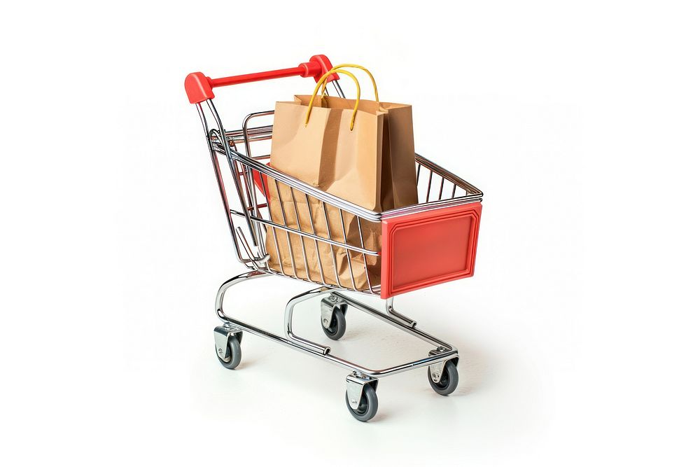 Paper shopping bag in shopping cart white background consumerism supermarket.