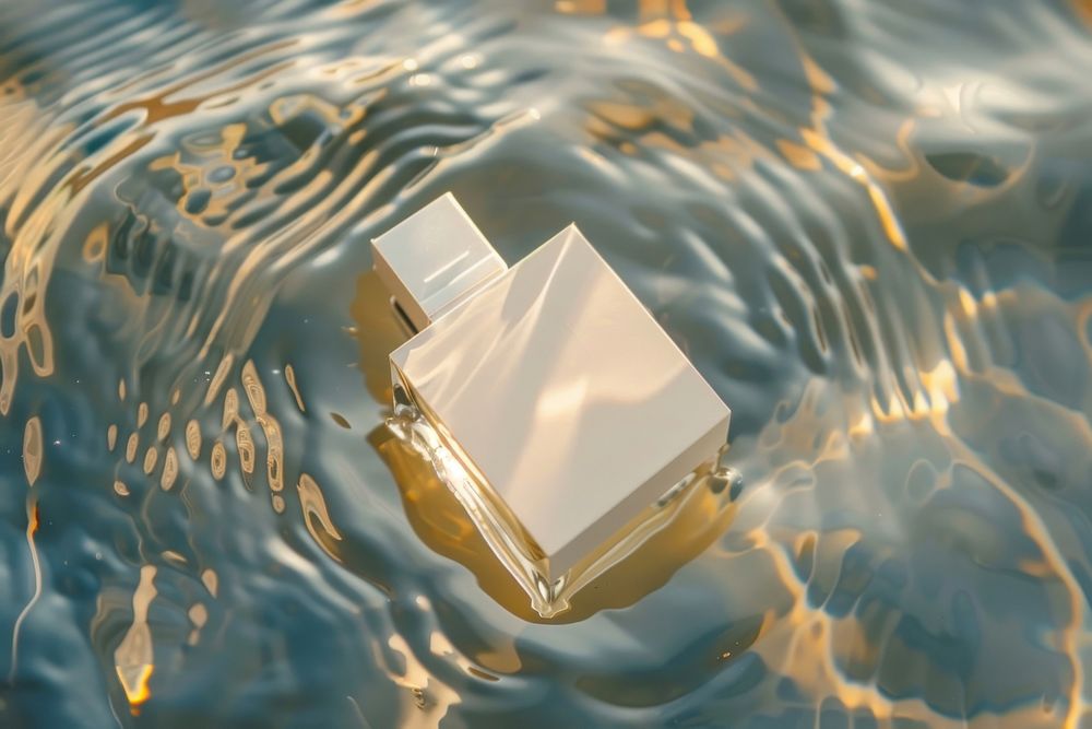 Perfume bottle with package box mockup water outdoors nature.