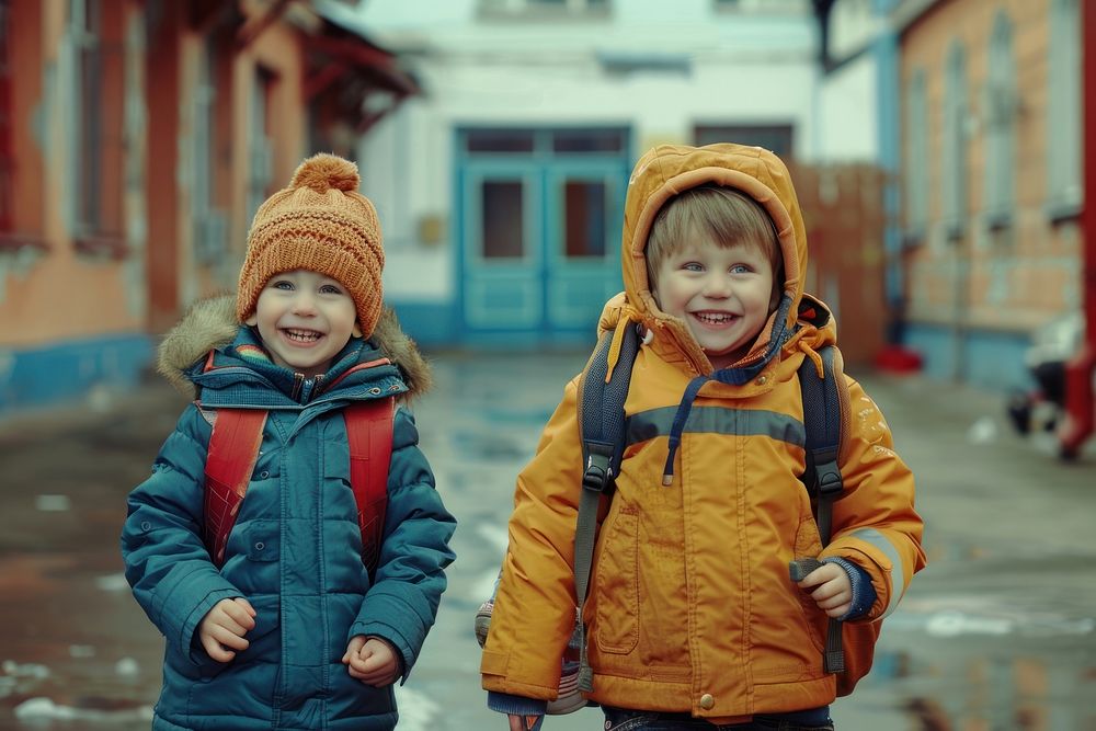 Happy children after school clothing apparel jacket.