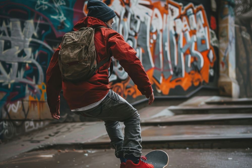 A teenager playing skateboard backpacking clothing footwear.