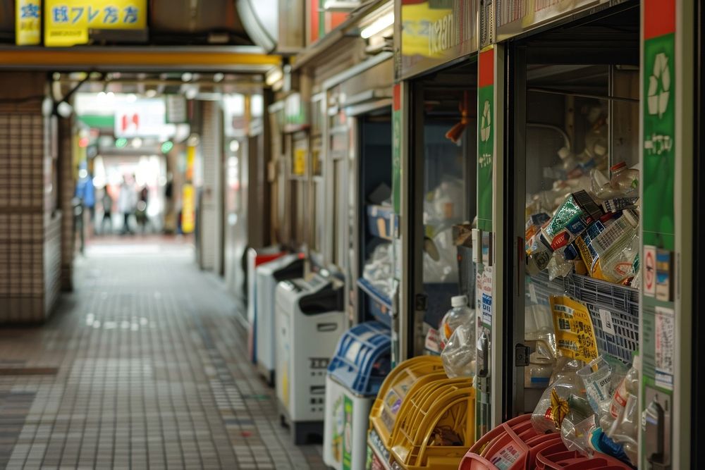 Clean waste sorting in Japan sidewalk pavement indoors.