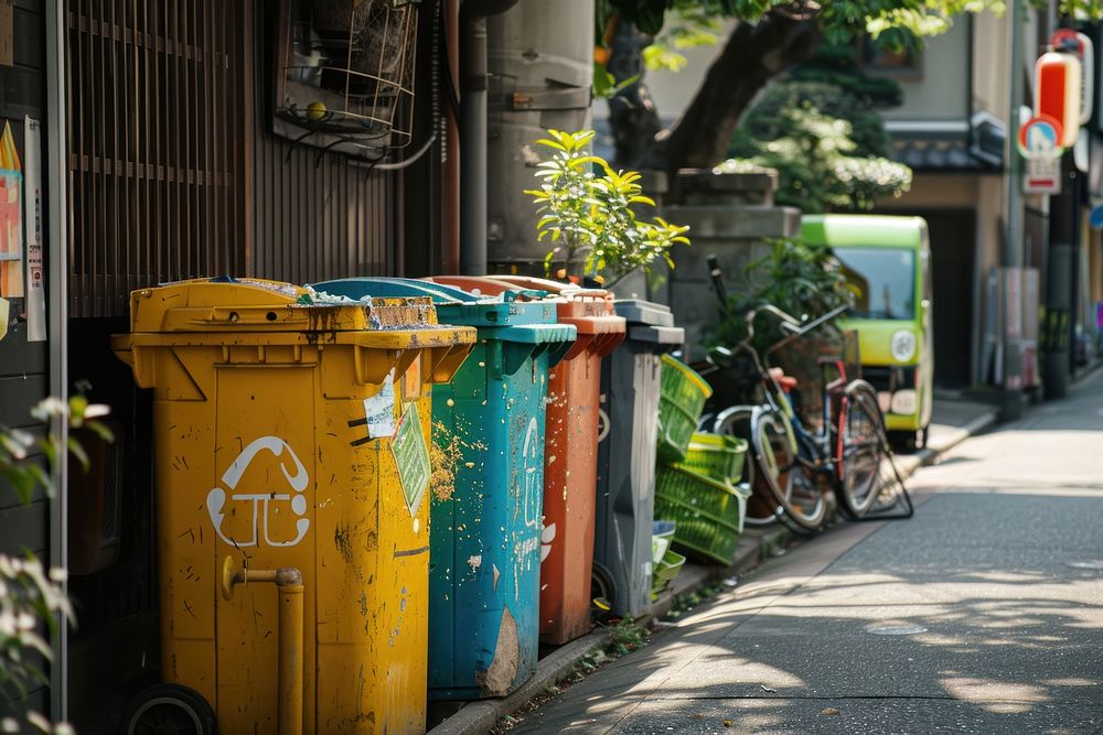 Clean waste sorting in Japan transportation letterbox alleyway.
