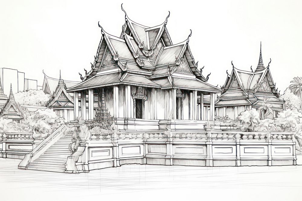 Thai Temple sketch art illustrated.